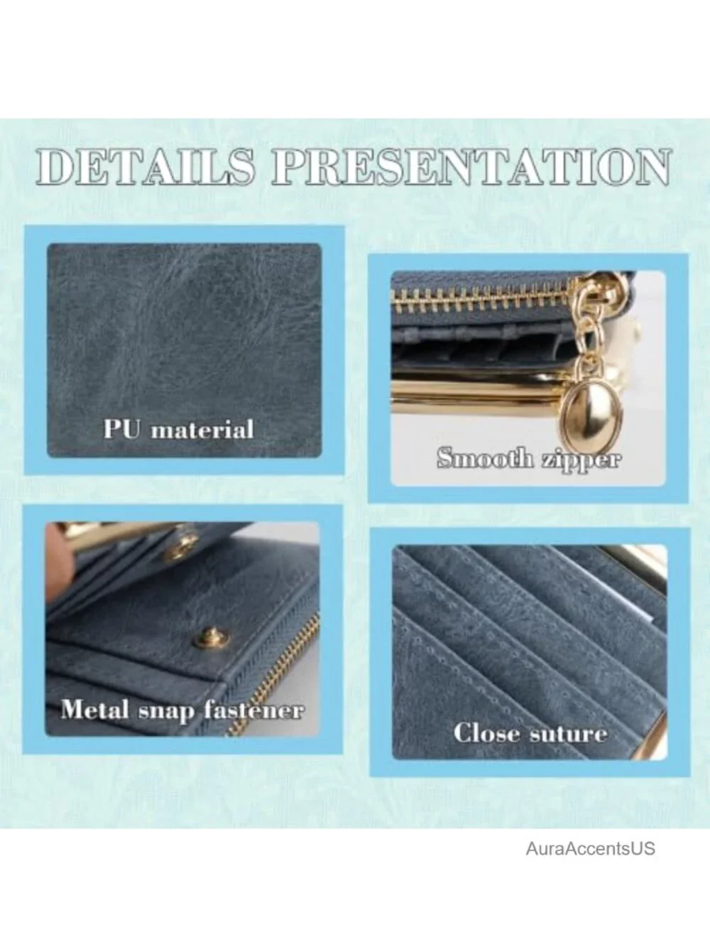 Vintage Bifold Wallet PU Leather 8 Card Slots Zipper Kiss Lock w/ Coin Pouch